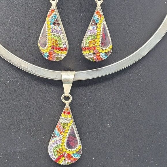 Artisan 925 Teardrop Multicolor Micro Mosaic Crystal Torque Necklace Earring Set - Picture 1 of 16